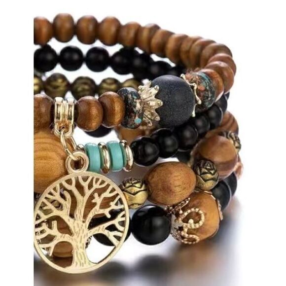 NWT 4 PC Multilayered Brown Wooden Boho Round Beaded Bracelet Jewelry Set - Picture 3 of 4